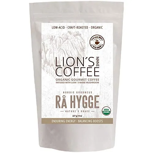 RaHygge |USDA-Organic| Lion's Mane Mushroom Coffee - Ground, Light/Medium Roast, Low-Acid (8oz) ï¿½ [3 Varieties, High 30% Polysaccharides + 3% Tripenes Mushroom Extract, Powerful Immune/Energy Boost]