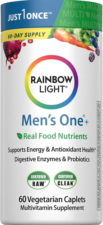 Rainbow Light Mens Multivitamin One + | 60 Caplets | Supports Energy & Antioxidant Health | with Real Food Nutrients, Digestive Enzymes & Probiotics
