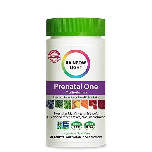 Rainbow Light Prenatal One Prenatal Vitamins + Superfoods, Probiotics, Non-GMO, Vegetarian & Gluten Free, Clinically Proven Absorption of Vitamin D, B2, B5, folate, calcium, iron & zinc, 90 Tablets