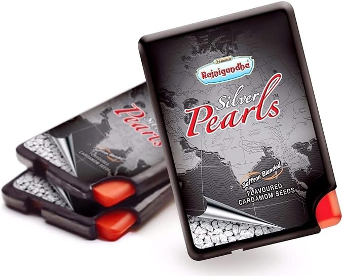 Rajnigandha Silver Coated Saffron Blended Pearls Cardamom Seeds Mouth Freshner, 0.013lb (5.75g) (Pack Of 50)