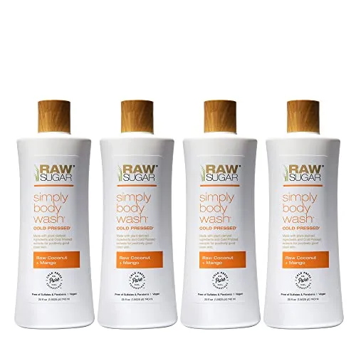 RAW SUGAR Simply Body Wash - Raw Coconut + Mango, Moisturizing & Soothing Bath & Shower Gel, Sulfate-Free, Paraben-Free & Vegan (Pack of 4)