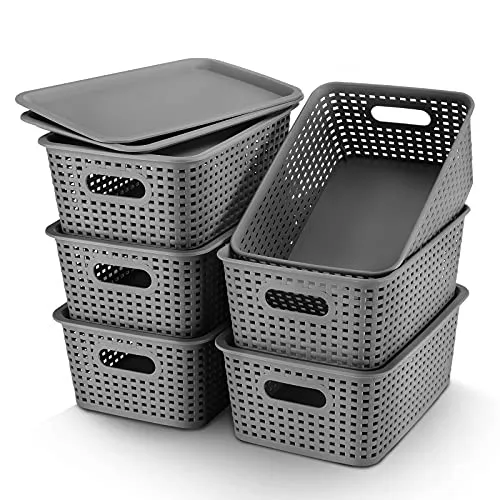 RAXMETRY Plastic Storage Baskets With Lid Lidded Storage Bins Pantry Organization and Storage Containers Small Baskets for Shelves Desktop Drawers Closet Classroom Bathroom Bedroom Office