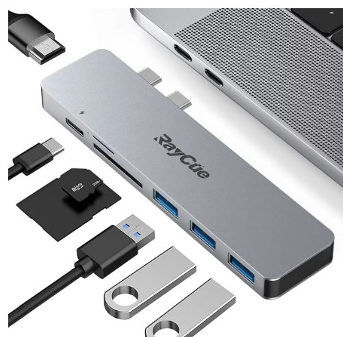 RayCue USB C Hub Multiport Adapter for MacBook Pro Air 2016-2020, 7 in 2 Aluminum USB Type C Mac Dongle Docking Station, with 4K HDMI, Thunderbolt 3 100W PD, 3 USB 3.0, SD/TF Card Reader