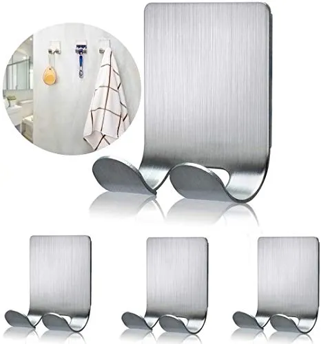 Razor Holder for Shower Self Adhesive Shower Hooks Shaver Holder Hanger Stand Stainless Steel Utility Hook Bathroom Kitchen Organizer for Razors Plug Robe Towel Loofah-4 Packs