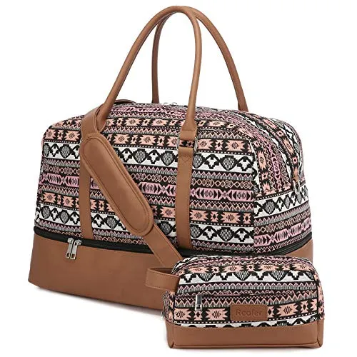 Realer Canvas Weekender Bag, Womens Overnight Bag Carryon Weekend Travel Duffel Tote with Shoe Compartment with Toiletry Bag Flight Approved(Multi)