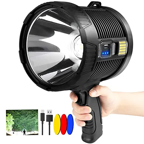 Rechargeable Spotlight, Super Bright 100000 High Lumens LED Spot Lights, Handheld Flashlight Large Solar Searchlight with Cob Light, 6 Modes, 4 Color Light, IPX5 Waterproof for Hunting Camping
