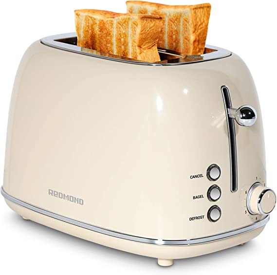 REDMOND 2 Slice Toaster Retro Stainless Steel Toaster with Bagel, Cancel, Defrost Function and 6 Bread Shade Settings Bread Toaster, Extra Wide Slot and Removable Crumb Tray, Cream, ST028