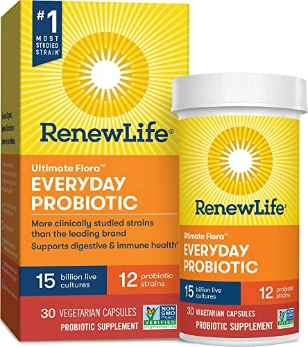 Renew Life Adult Probiotic - Ultimate Flora Everyday Probiotic Supplement for Men & Women - Shelf Stable, Gluten, Dairy & Soy Free - 15 Billion CFU - 30 Vegetarian Capsules