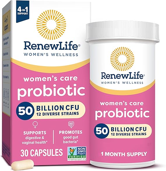 Renew Life Women's Probiotics 50 Billion Guaranteed, Probiotic Supplement, 12 Strains, Shelf Stable, Gluten Dairy & Soy Free, 30 Capsules, Women's Vaginal
