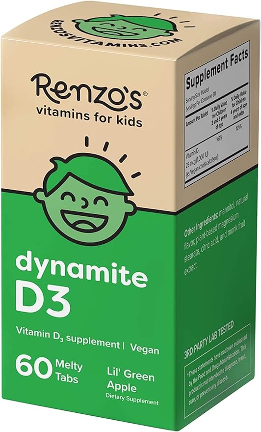 Renzo's Dynamite Vitamin D3 - Dissolving Kids Vitamin D3-60 Sugar-Free Melty Tabs, Lilâ Green Apple Flavored