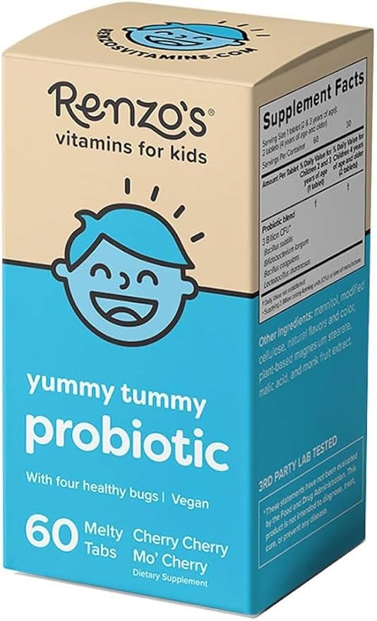 Renzo's Kids Probiotic - Dissolvable Probiotics for Digestive Health & Immune Support - Ease Stomach Discomfort & Constipation - 60 Cherry-Flavored Melty Tabs