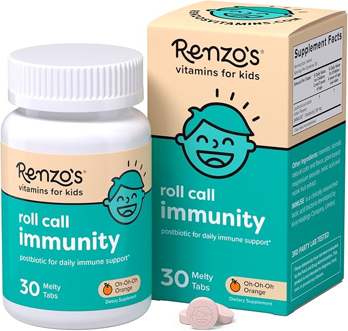 Renzo's Roll Call Immunity, Daily Postbiotic, Dissolvable Kids Immune Support Supplement, Sugar-Free Kids Vitamins, 30 Orange-Flavored Melty Tabs