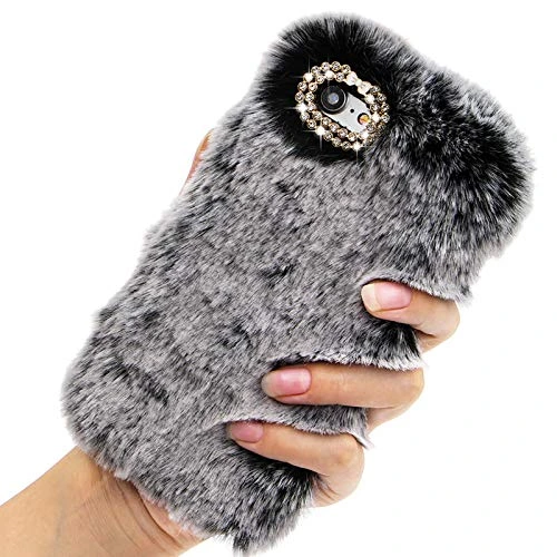 Rhinestone Fluffy Rabbit Fur Case for OnePlus Nord N10 5G, Girlyard Cute New Bling Diamond Handmade Furry Winter Warm Fashion Faux Bunny Hair Plush Soft Phone Cover for Women Girls - Gray