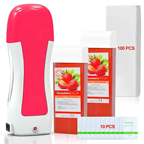 Roll on Wax Kit, Seopri Roller Kit for Hair Removal, Waxing with 2 Strawberry Soft Cartridges, 100 Strips, 10 Wax-removing Wipes, Depilatory Women & Men, Rose Red