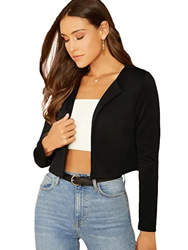 Romwe Women's Elegant Shawl Collar Crop Open Front Jacket Long Sleeve Work Office Blazer Black Medium