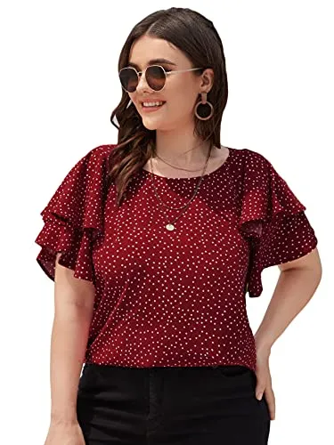 Romwe Women's Plus Size Polka Dots Ruffle Flutter Short Sleeve Round Neck Shirts Blouses Top Burgundy 2XL