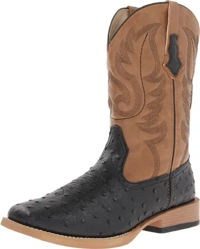 Roper mens Ostrich Print Square Toe Cowboy western boots, Black, 10.5 US