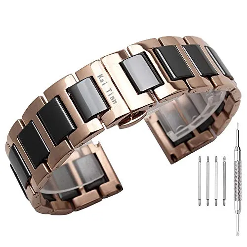 Rose Gold Stainless Steel Watch Bands Black Ceramics Watch Band 22mm Shiny Metal Watch Strap Replacement Wrist Band with Butterfly Folding Clasp