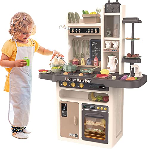 Roxie Large Play Kitchen with Music, Realistic Lights & Sounds, Play Sink with Running Water, Kitchen Toy Set with Play Food and Kitchen Accessories Set for Girls Kids, TOYKIT401, Brown