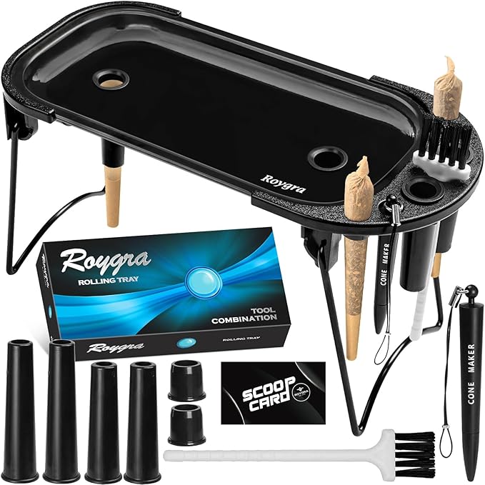 roygra Foldable Rolling Tray Set with Cone Loader, Cone Filler Roller - Pre Roll Machine, Metal Rolling Machines for King Size, 1-1/4 Size or 70mm Cones, Smoking Accessories, 9 x 4 inch - Black