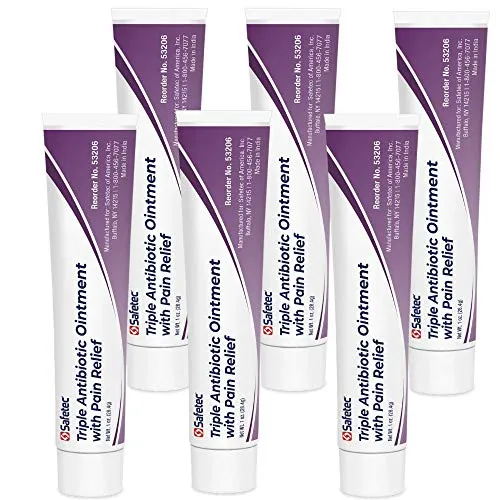 Safetec Triple Antibiotic Ointment with Pain Relief 1oz Tubes for Minor Cuts, Scrapes and Burns (Pack of 6 Tubes)