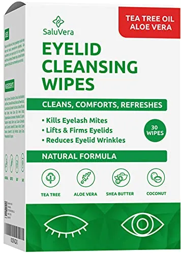 SaluVera Eyelid Wipes with Tea Tree Oil and Aloe Vera | Eye Cleansing Wipes for Dry and Itchy Eyes Relief | Natural Ingredients Eyelid Scrub for Daily Usage - Pack of 30