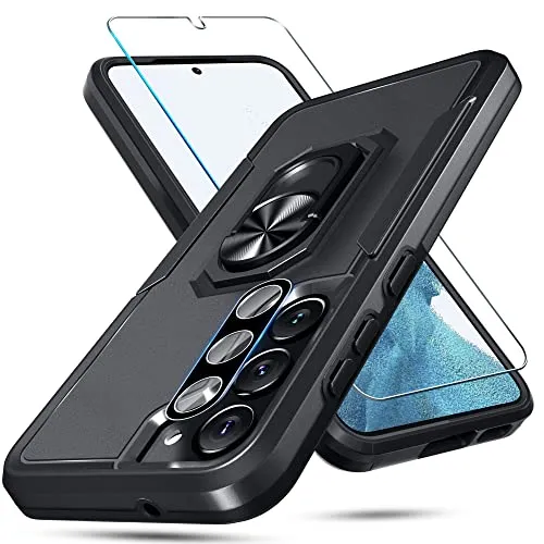 Samsung Galaxy S23 Case with Screen Protector+Camera Lens Protector[Not for S23+],Heavy Duty Shockproof Full Body Phone Cover Built in Rotatable Magnetic Ring Holder Kickstand,2023 Black Matte