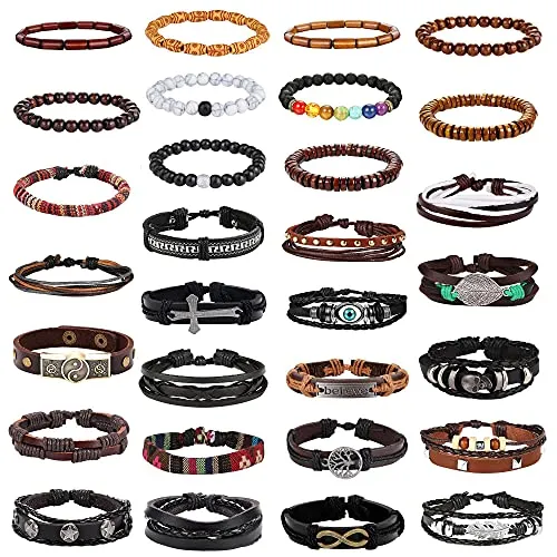 Sanfenly 30Pcs Leather Bracelets Set for Men Women Cool Braided Leather Bracelets Ethnic Wood Beads Boho Tribal Wrist Cuff Bracelets Adjustable