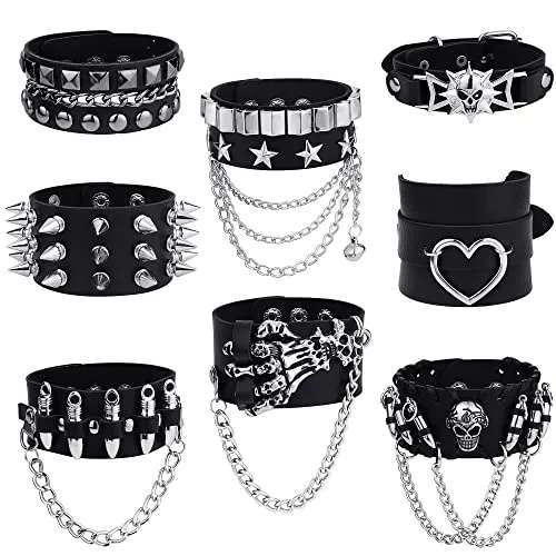 Sanfenly Punk Studded Bracelets for Men Women Faux Black Goth Leather Bracelets Spike Skull Hand Rivet Chain Cuff Bracelets Adjustable Gothic Emo Bracelets Wristband Accessories