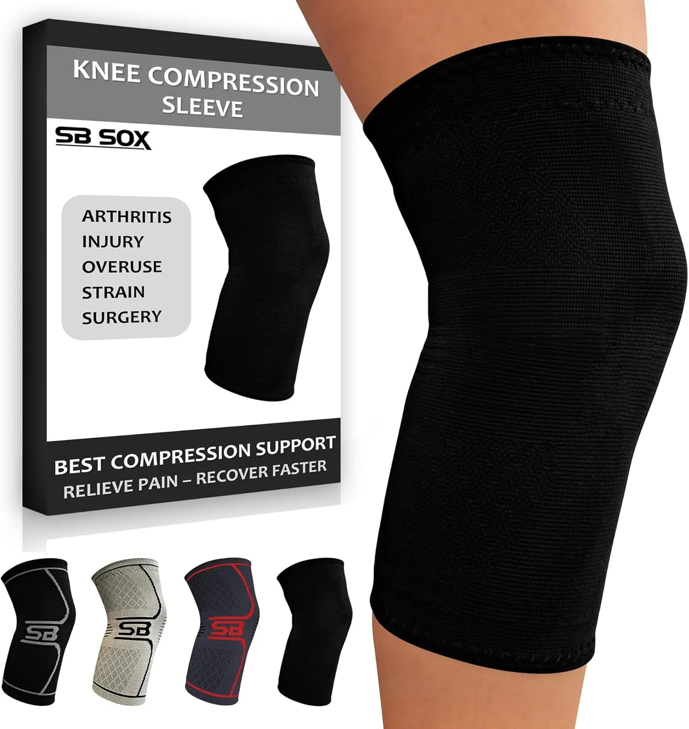 SB SOX Compression Knee Brace - Great Support That Stays in Place - Perfect for Recovery, Crossfit, Everyday Use - Best Treatment for Pain Relief, Meniscus Tear, Arthritis (Solid - Black, Medium)