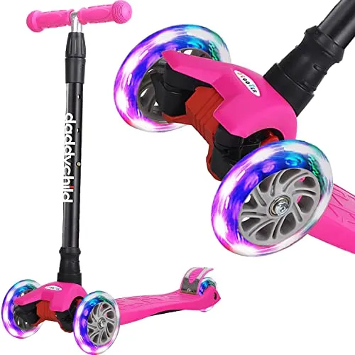 Scooters for Kids 3 Wheel Kick Scooter for Toddlers Girls & Boys, 4 Adjustable Height, Lean to Steer, Extra-Wide Deck, Light Up Wheels for Children from 3 to 14 Years Old