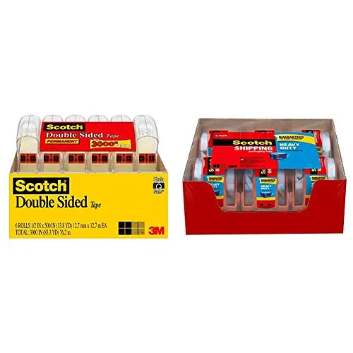 Scotch Brand Double Sided Tape, 1/2 x 500 Inches, 6 Dispensered Rolls, Single & Tape Heavy Duty Shipping Packaging Tape, 1.88 Inches x 800 Inches, Clear, Rolls with Dispenser (142-6) (1 Pack)