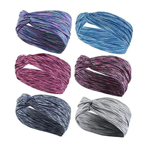 Sea Team 6 Pack Wide Knotted Sports Workout Headbands Soft Elastic Yoga Running Fitness Hairbands for Women