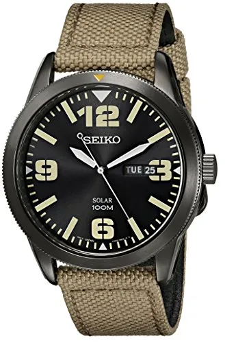 Seiko Men's SNE331 Sport Solar Black Stainless Steel Watch with Beige Nylon Band