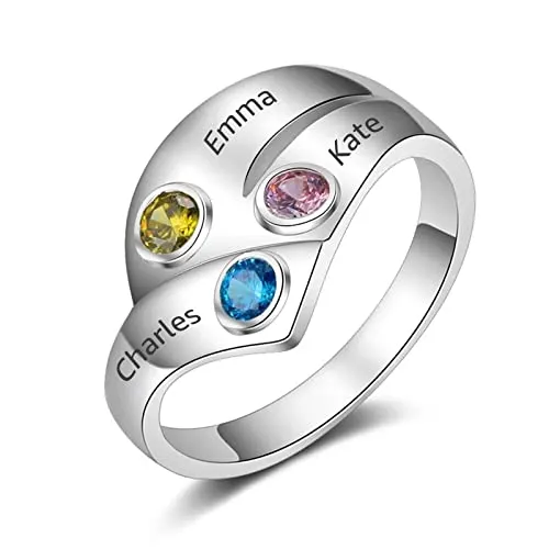 SEKECHIKU Sterling Silver Mothers Ring Custom Ring For Women Mom Daughter Mothers Ring 2 Birthstones Personalized Engraved Name Rings Promise Ring For Her Jewelry