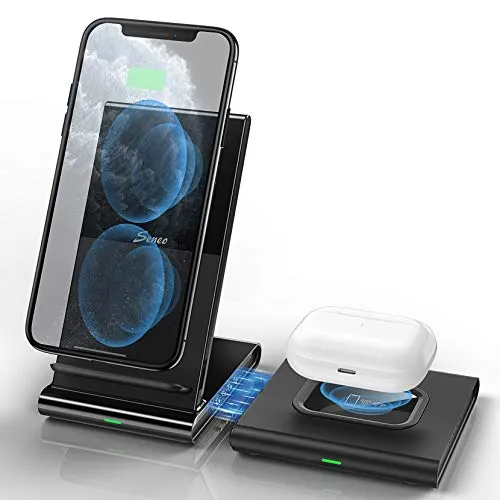 Seneo 2 in 1 Wireless Charger, Wireless Charging Pad & Stand 2 Pack for iPhone 11/11 Pro Max/XS/XR/X/8P/Airpods Pro/2/Galaxy Buds/Note10/9/S10/S9, Magnetic Type-C Fast Qi Charger (No Adapter)