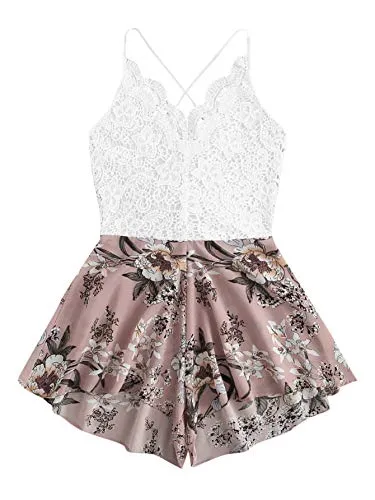 SheIn Women's Boho Crochet V Neck Halter Backless Floral Lace Romper Jumpsuit Small Pink Floral#3