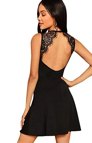 SheIn Women's Sleeveless Lace Applique Cocktail Backless Party Flare Mini Dress Medium Black