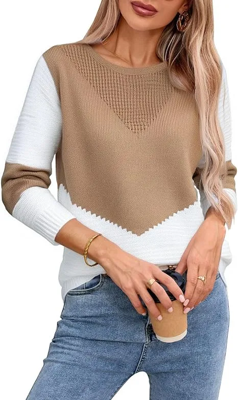 shermie Women Long Sleeve Crew Neck Pullovers Stitching Color Loose Knitted Sweaters Camel L