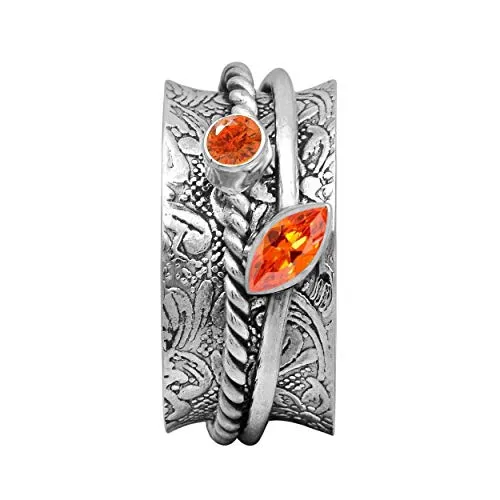 Shine Jewel Spinner Ring with Gemstones 925 Sterling Silver Fidget Band Meditation Ring for Men Women Anxiety Stress Relieving (Orange CZ, 8)