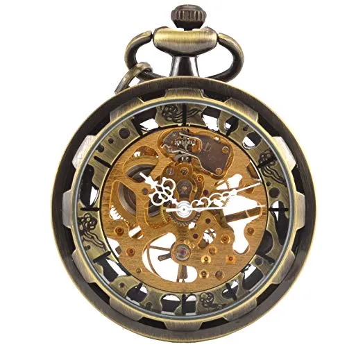 SIBOSUN Steampunk Transparent Open Face Pocket Watch for Men Women Skeleton Dial Antique with Chain + Box (Bronze)