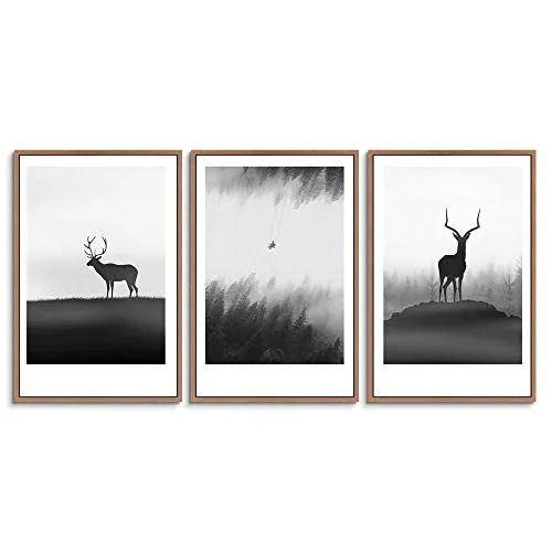 SIGNWIN 3 Piece Framed Canvas Wall Art Black Deer Canvas Prints Home Artwork Decoration for Living Room,Bedroom - 16