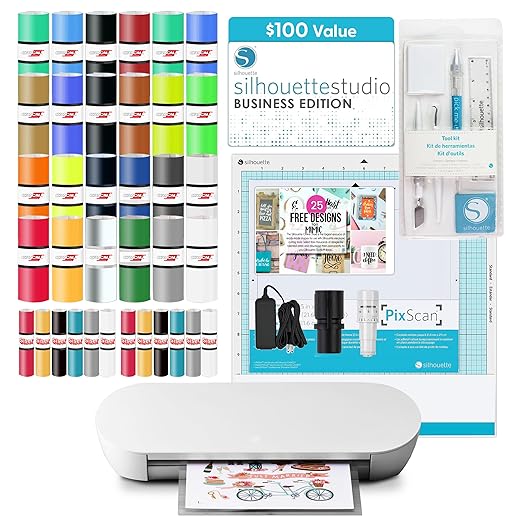 Silhouette America Portrait 4 Vinyl Cutting Machine, Deluxe Bundle - 9â Vinyl Cutter with PixScan, Business Edition Software, 12 Sheets of HTV, 24 Sheets of Oracal, and Tool Kit for Crafters