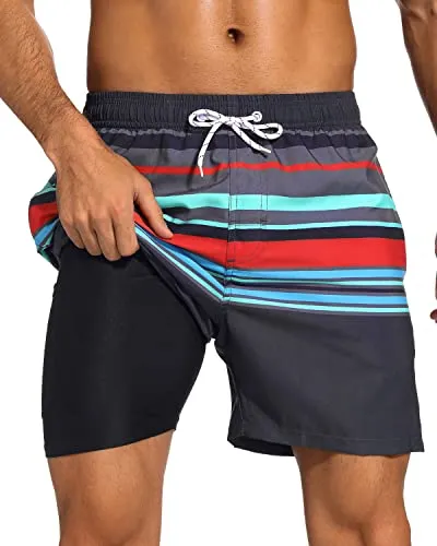 SILKWORLD Mens Swim Trunks with Compression Liner 2 in 1 Quick Dry 5 inch Bathing Suit Shorts with Zipper Pockets,Black Grey Stripes,Large