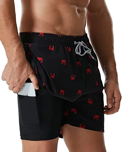 SILKWORLD Mens Swimming Trunks with Compression Liner Quick Dry 5 inch Swim Shorts with Zipper Pockets,Crab,Large