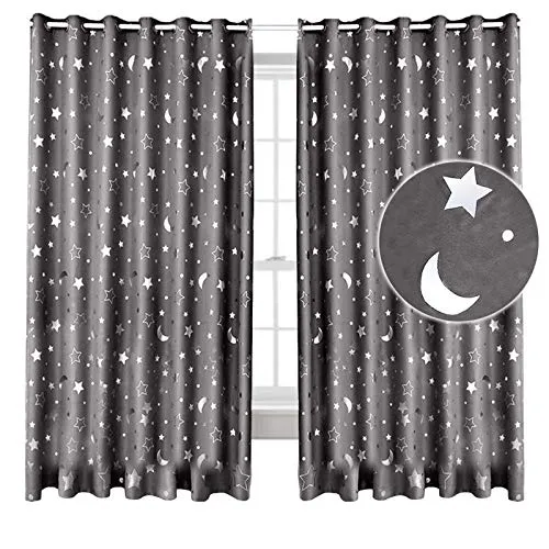 Silver Stars Blackout Curtains for Bedroom , Grommet Thermal Insulated Room Darkening Printed Kids Curtains,W42 X L63 inches Grey