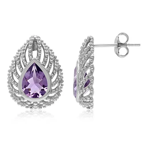Silvershake 2.02ct. Natural Pear Shape Amethyst 925 Sterling Silver Filigree Peacock Inspired Drop Post Earrings