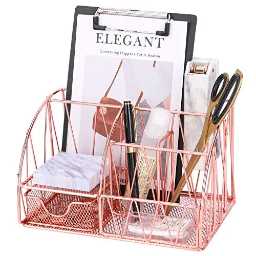 Simmer Stone Desk Organizer, 5 Compartments with Drawer - Mail Holder, 2 Pen Holders, Sticky Note Holder and Accessory Slot, Wire Stationery Caddy for Office Supplies, Rose Gold
