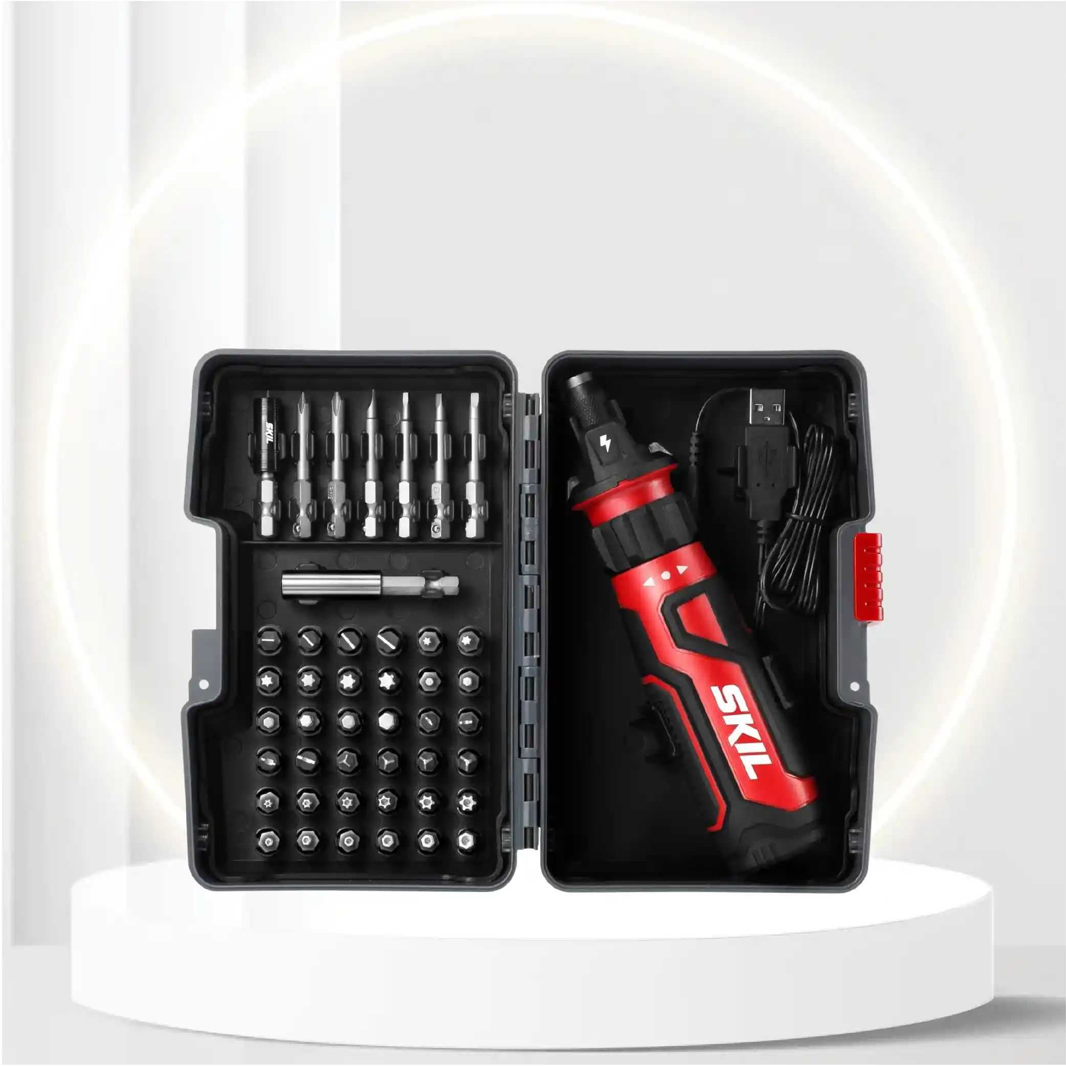 SKIL Rechargeable 4V Cordless Screwdriver with Circuit Sensor Technology, Includes 45pcs Bit Set, USB Charging Cable, Carrying Case - SD561204