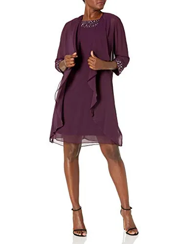 S.L. Fashions Women's Chiffon Tier Jacket Dress with Bead Neck, Aubergine, 18